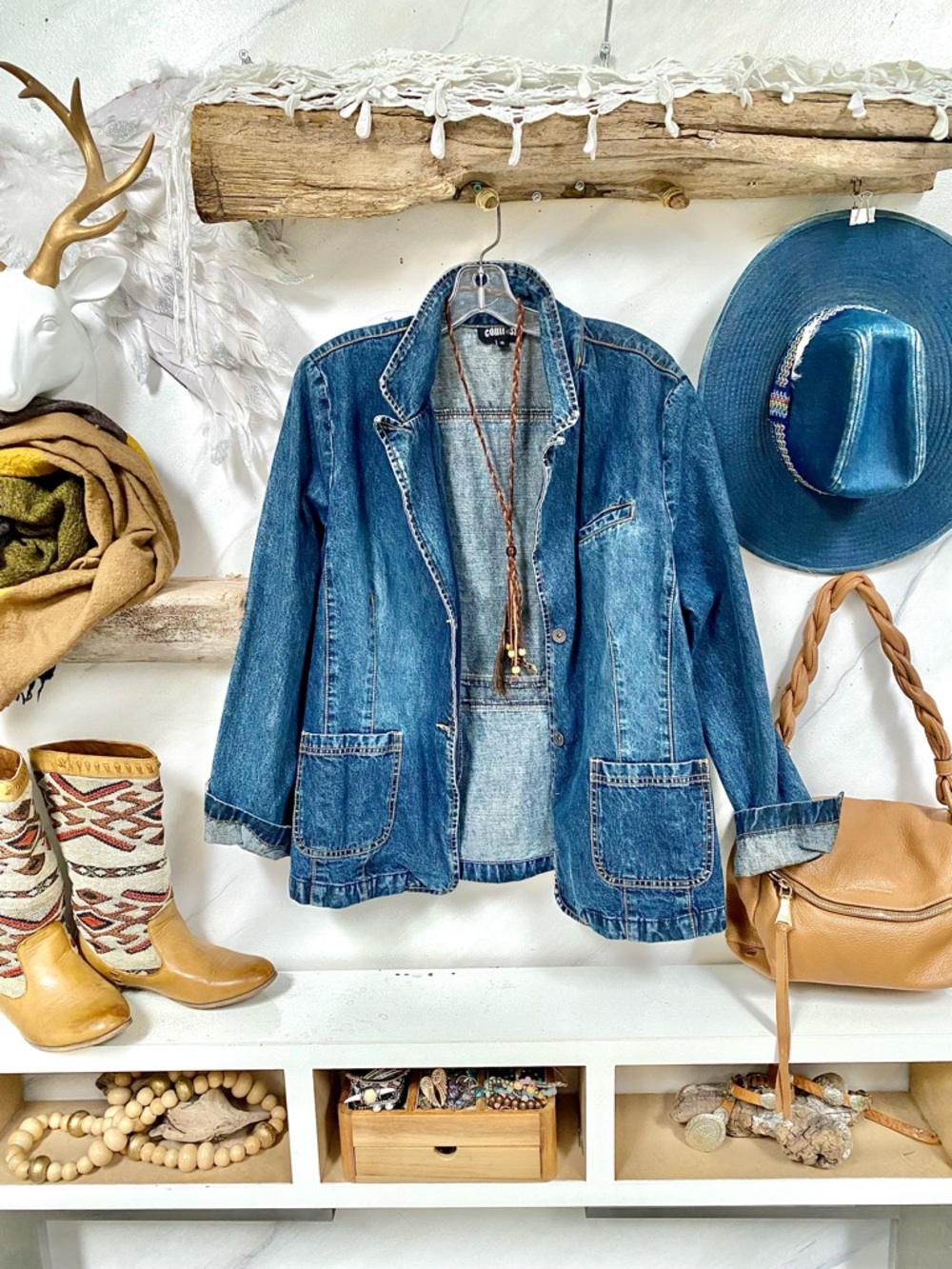Sold⭐️Upcycled HORSE equestrian Denim/jean Jacket w Distressed southwestern vibe - Picture 6 of 12